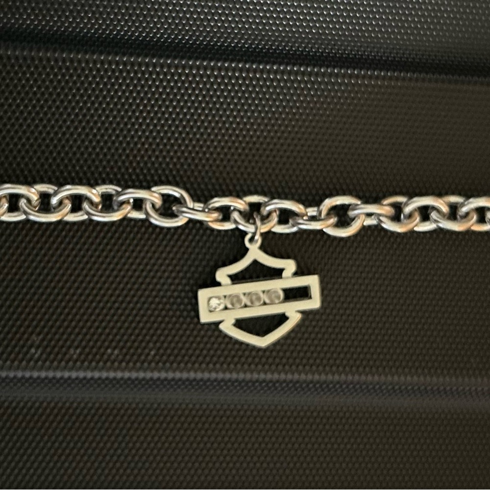 Silver Harley Davidson Bar & Shield  Chain Bracelet with crystals